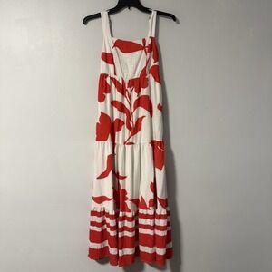 Nine West Women's Tiered Floral Maxi Dress Red White Floral Ruffle Beachy Boho M